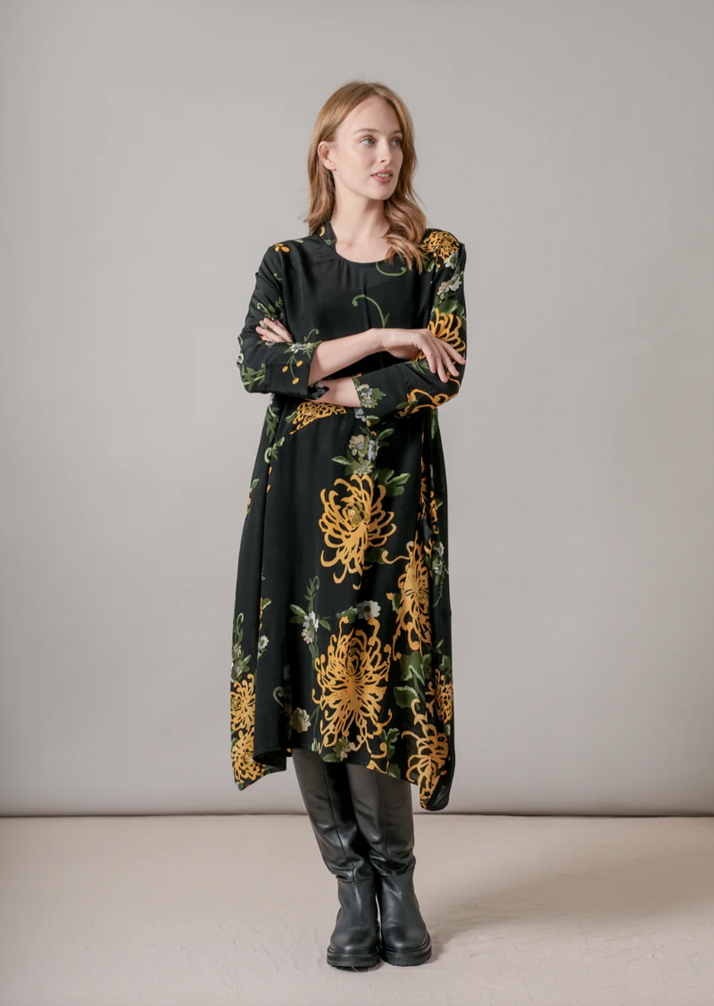 Chrysanthemum Black Asymmetric Dress