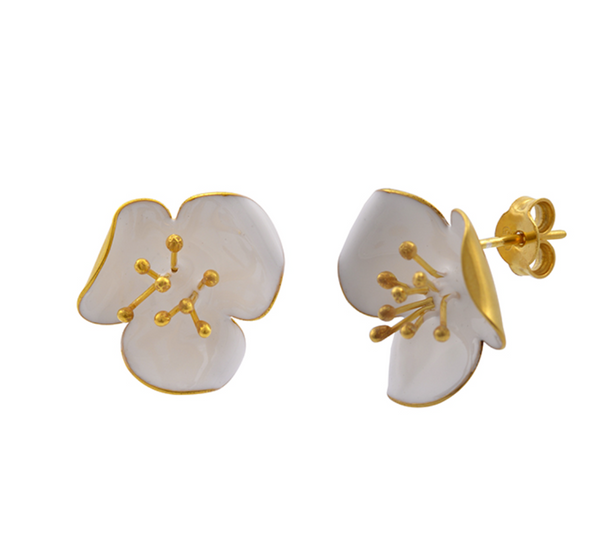 Poppy Flower Gold Plated White Enamel Stud Earrings