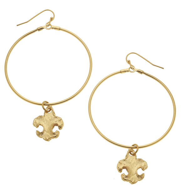 Handcast Gold Fleur & Round Hoop Earrings