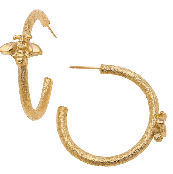 Handcast Gold Bee Hoop Earrings