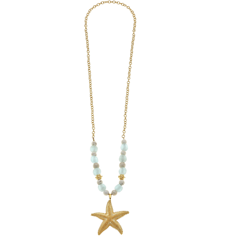 32" Handcast Gold Starfish on Recycled Sea Glass and White Turquoise Necklace