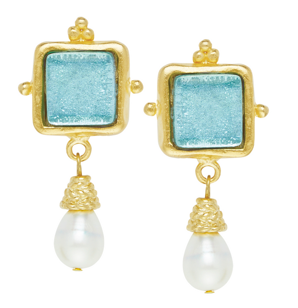 Handast 24Kt Gold & French Glass Earring with Genuine Freshwater Pearl Drop