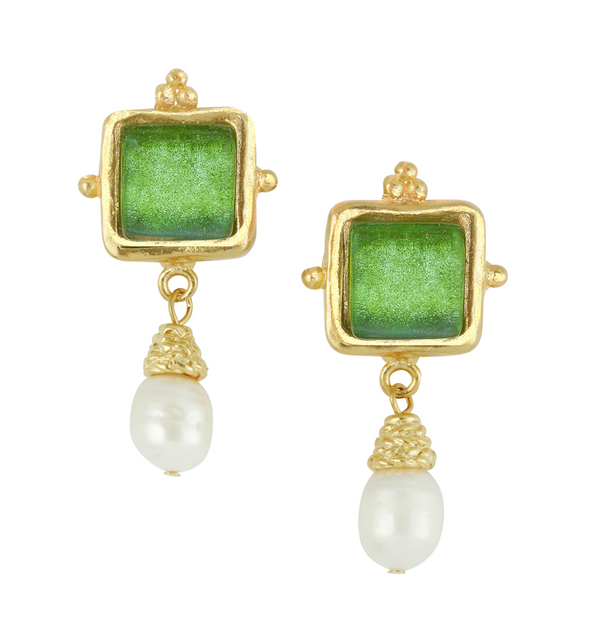 Handast 24Kt Gold & French Glass Earring with Genuine Freshwater Pearl Drop