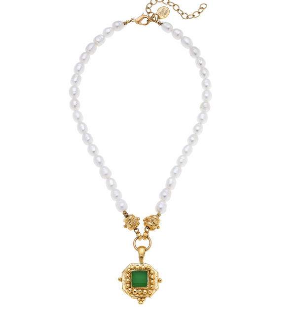 Handcast Gold Square with Emerald French Glass on Genuine Pearl Necklace