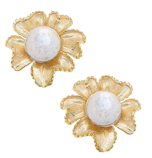 Handcast Gold Flower & Pearl Earrings