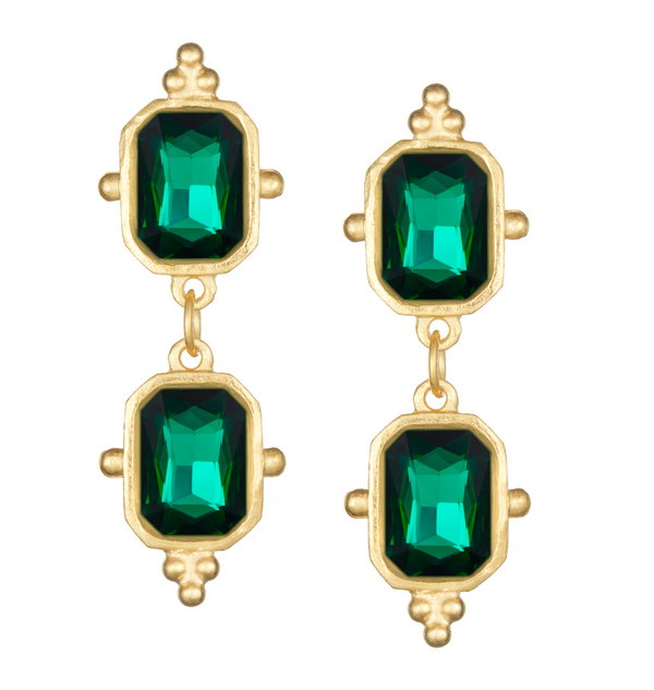 Handcast Gold Double Emerald Rectangle Crystal Drop Earrings