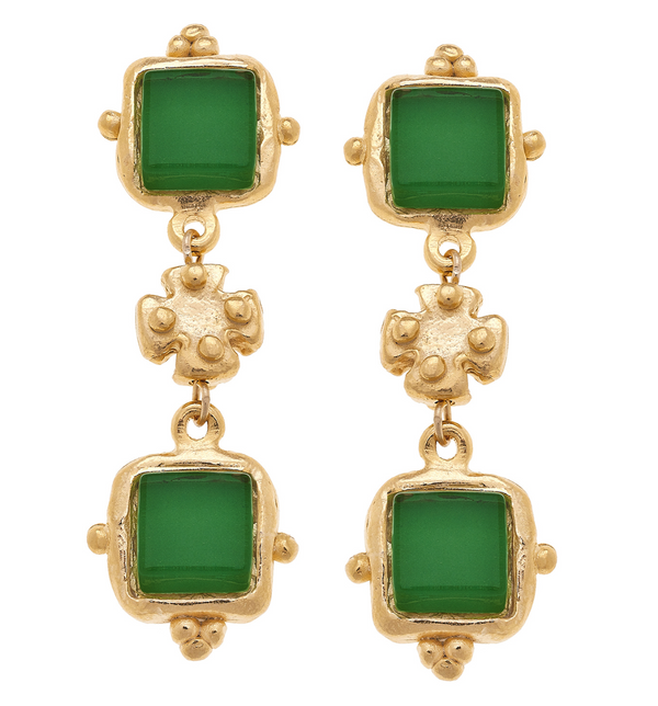 Handcast gold earrings with emerald colored French glass and cross bead design