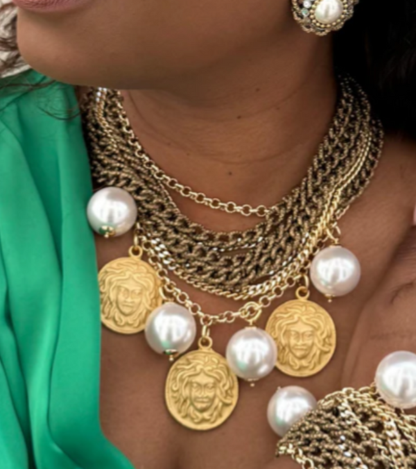 Chunky Layered Coin and Pearl Necklace