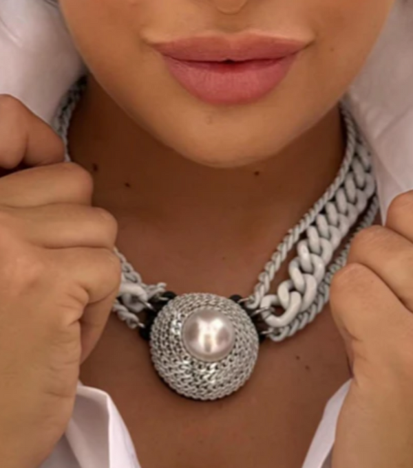 Silver Necklace with White detailing and a Pearl Pendent