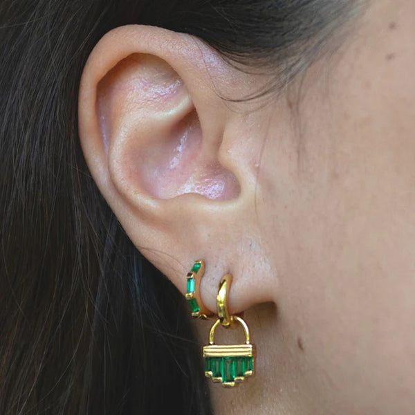 Baguette Huggie Earrings with Green Stones