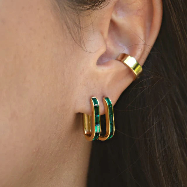 Gold Oval Baguette Hoop Earrings with Green Stones