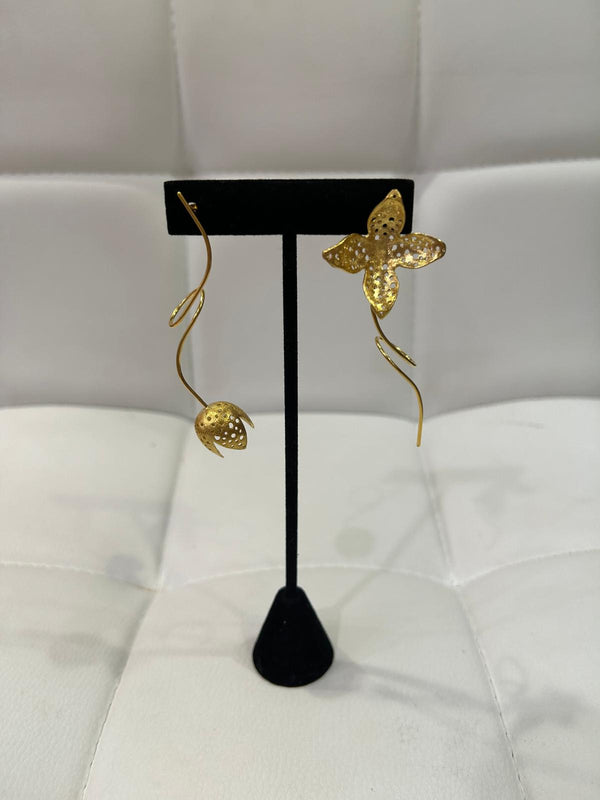 Asymmetrical Gold Drop Flower Earrings