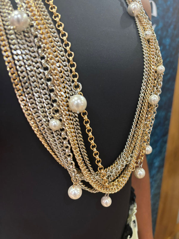 Chanel inspired Pearl + Mixed Metal Long Necklace