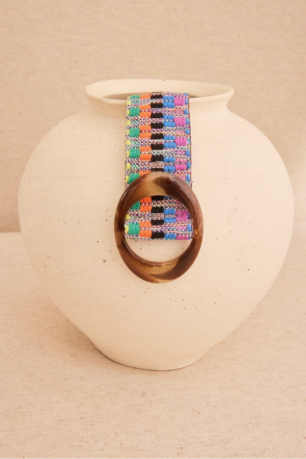 Belt with Embroidered Trim and Oval Resin Buckle