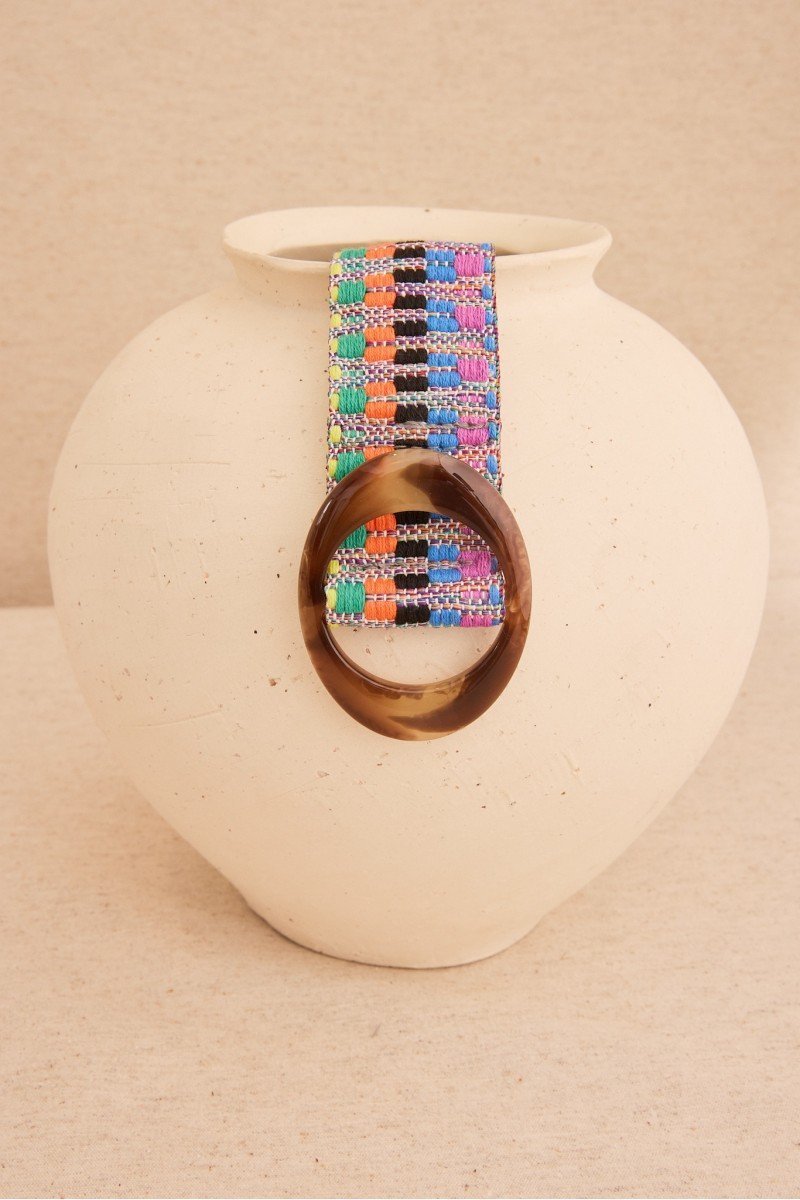 Belt with Embroidered Trim and Oval Resin Buckle