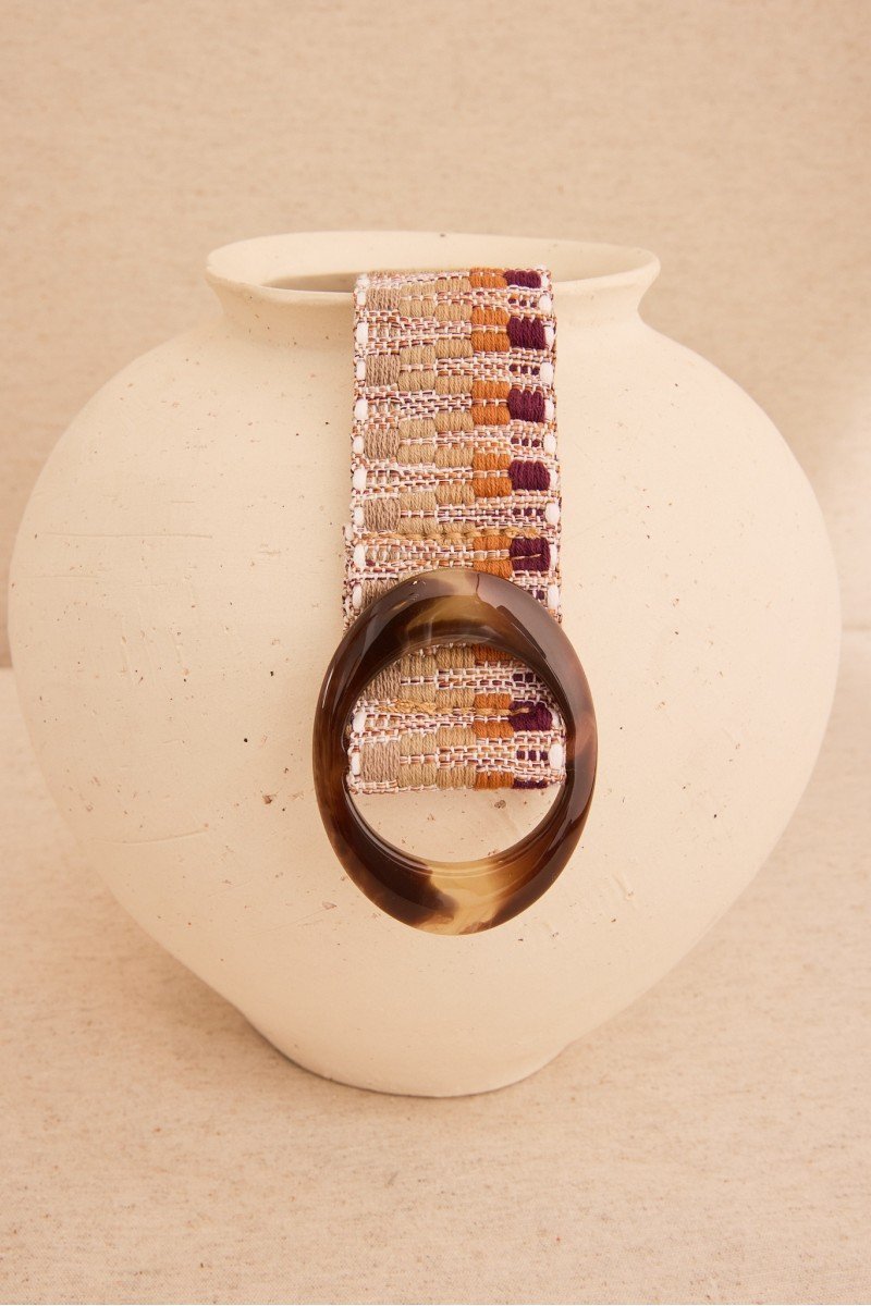 Belt with Embroidered Trim and Oval Resin Buckle