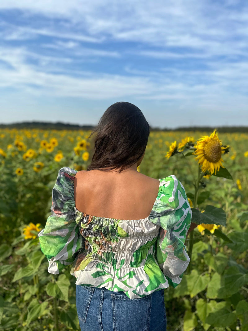 Long Sleeve Palm Print Shirred Top