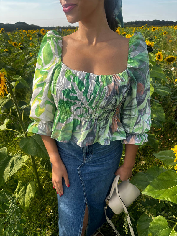 Long Sleeve Palm Print Shirred Top