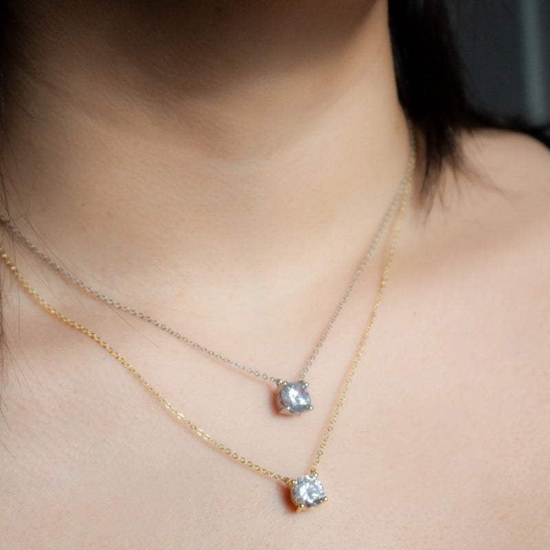 Solitaire diamond Sterling Silver Gold Vermeil 8mm Single CZ Prong Set Necklace