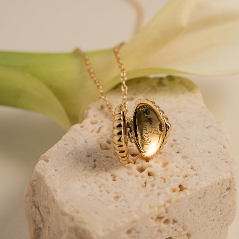 Sterling Silver Gold Vermeil CZ Engraved "Ocean Blue" Shell Locket Necklace