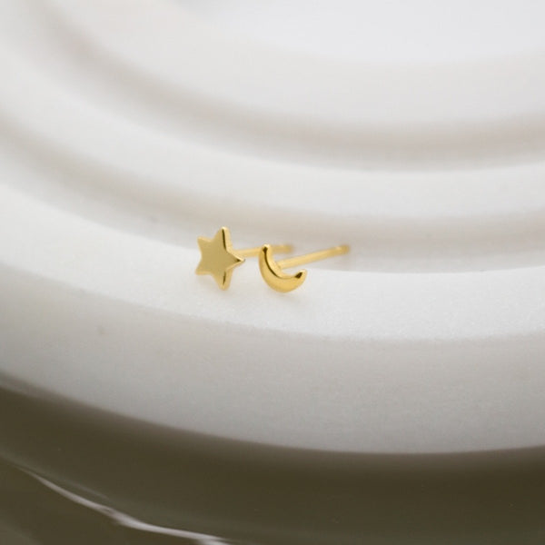 Sterling Silver Gold Vermeil Plain Petite Mismatched Moon & Star Studs