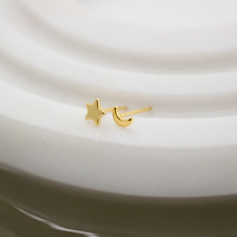 Sterling Silver Gold Vermeil Plain Petite Mismatched Moon & Star Studs