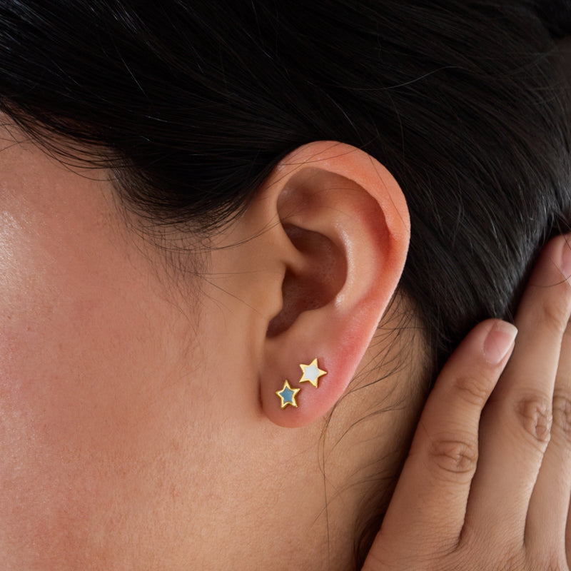 Sterling Silver Gold Vermeil Enamel Star Studs - Blue and White