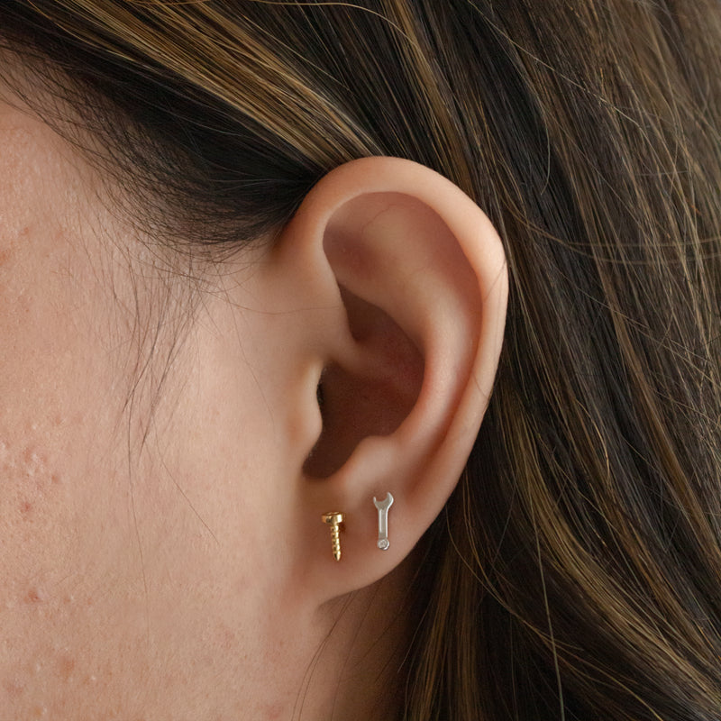 Sterling Silver Gold Vermeil Mismatch Nail & Wrench Stud Earrings
