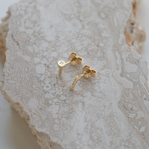 Sterling Silver Gold Vermeil Mismatch Nail & Wrench Stud Earrings