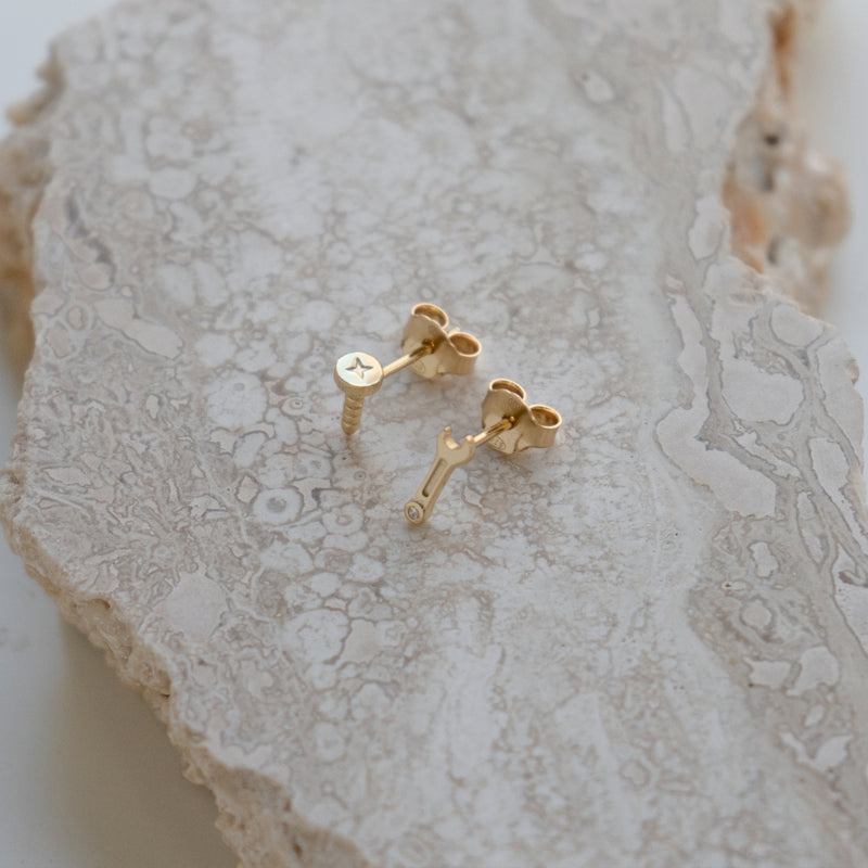 Sterling Silver Gold Vermeil Mismatch Nail & Wrench Stud Earrings