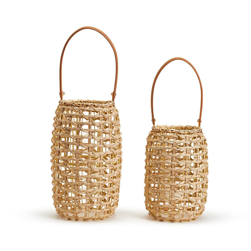 Cylinder Rattan Lantern Decor with Vegan Leather Handle and Glass Holder
