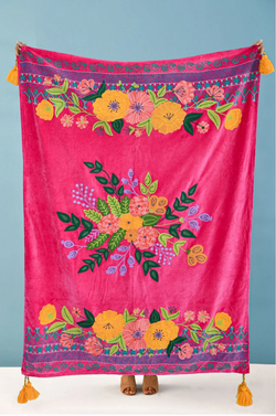 Fuchsia Velvet Embroidery Throw