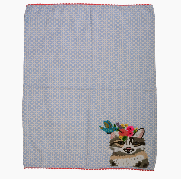 Tea Towel Embroidery Cat with Bird