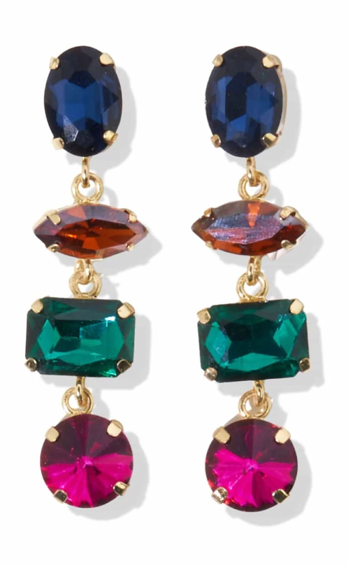 Navy Amber Emerald Tier Crystal Post Earrings