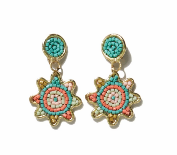 Coral Mint Small Dot And Flower Brass Beaded Earrings