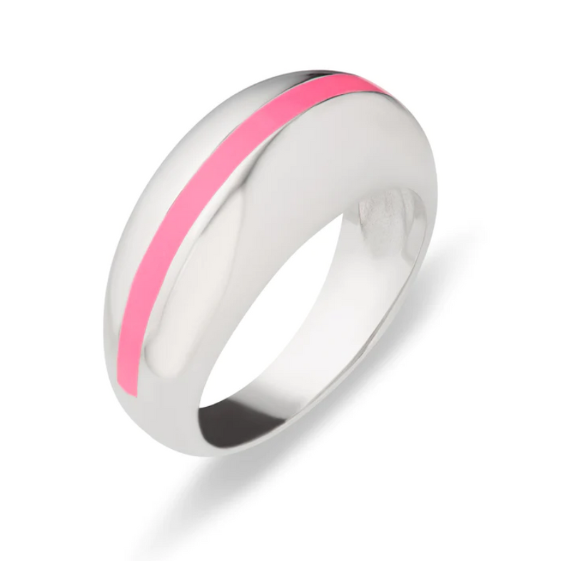 Candy Stripe Dome Neon Pink Silver Ring