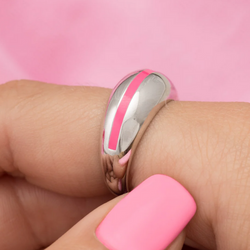 Candy Stripe Dome Neon Pink Silver Ring